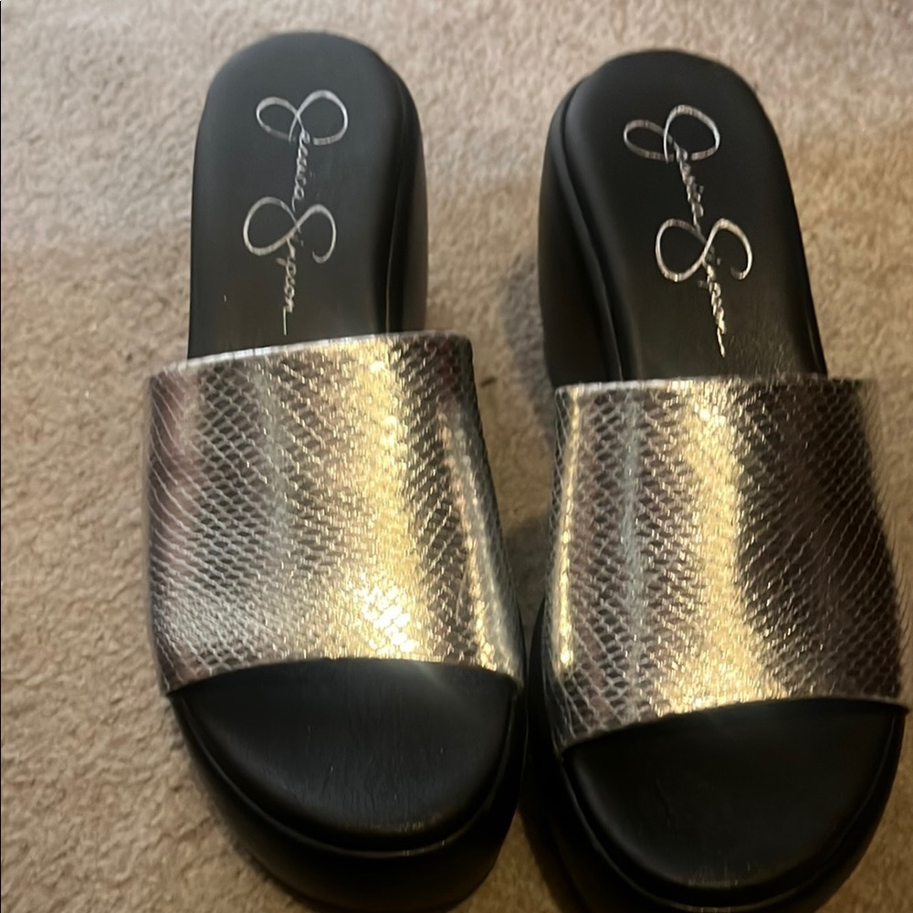 Jessica Simpson Silver and Black Mules with Textured Upper